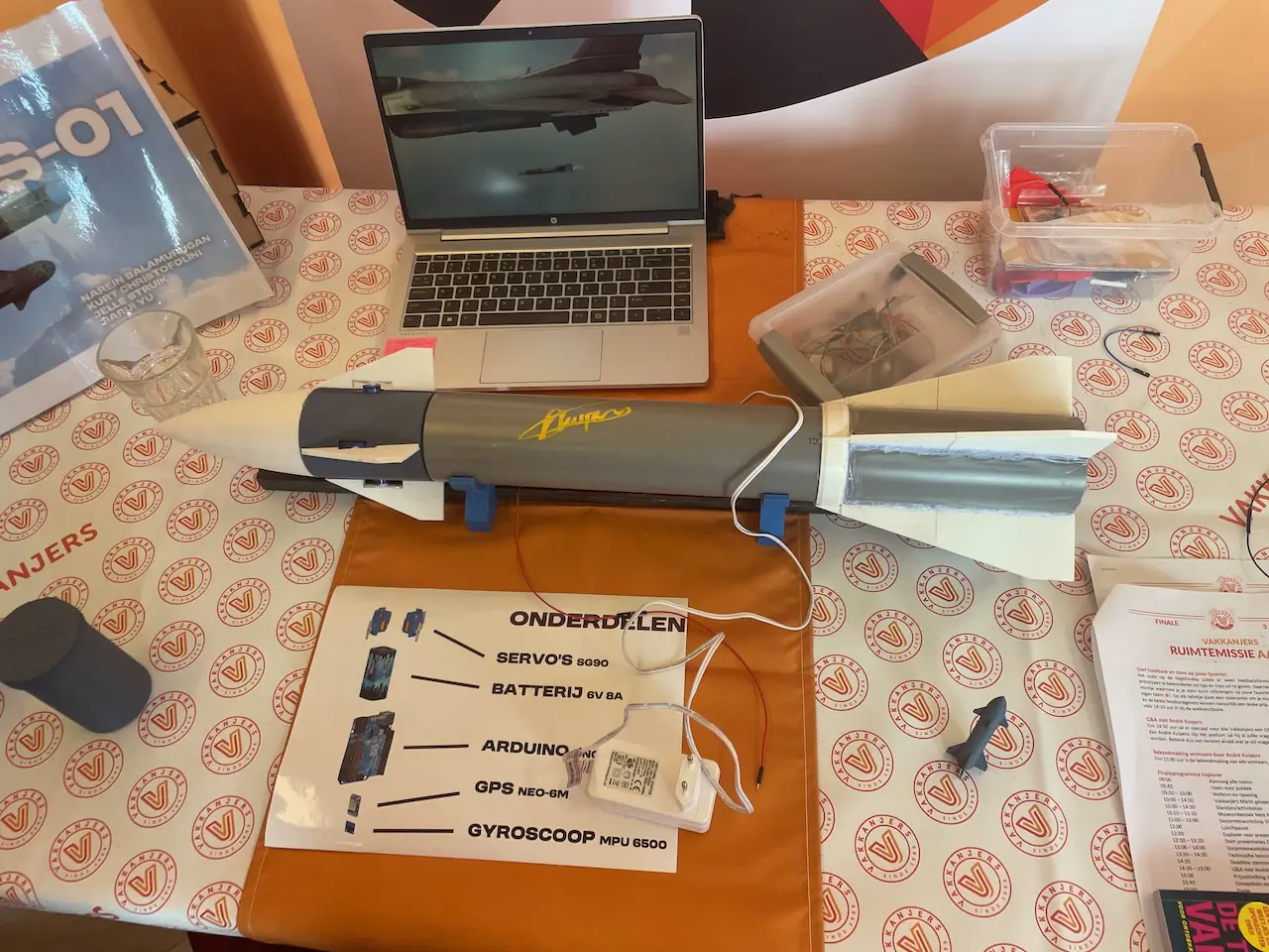 Completed Hermes-01 prototype standing on a launch fixture